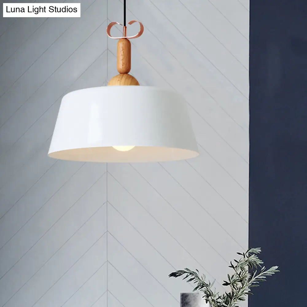 Wooden Pendant Lamp With Modern Barn/Cone Shade In White/Green For Kitchen