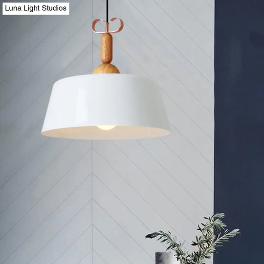 Wooden Pendant Lamp With Modern Barn/Cone Shade In White/Green For Kitchen