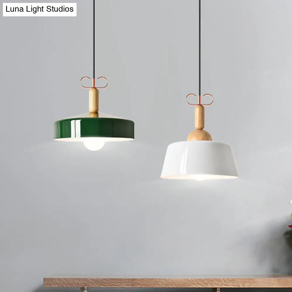 Modernist Style Barn/Cone Shade Pendant Light In White/Green - Metal/Wood Kitchen Lamp