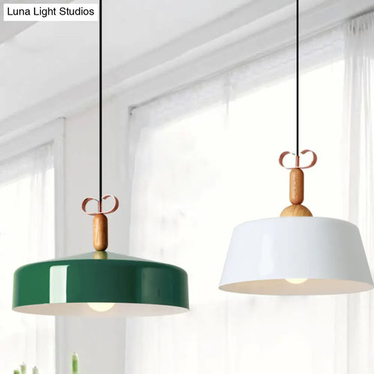 Wooden Pendant Lamp With Modern Barn/Cone Shade In White/Green For Kitchen