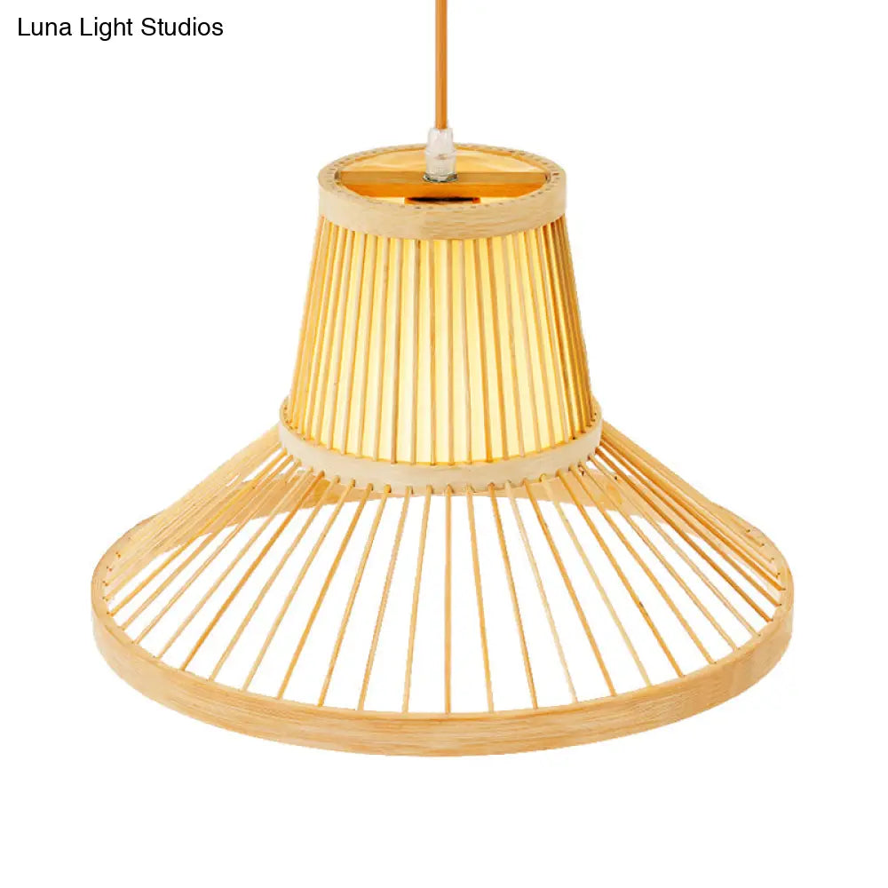 Wooden Pendant Light With Bamboo Shade: Traditional One-Bulb Hanging Lamp Fixture