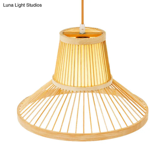 Wooden Pendant Light With Bamboo Shade: Traditional One-Bulb Hanging Lamp Fixture