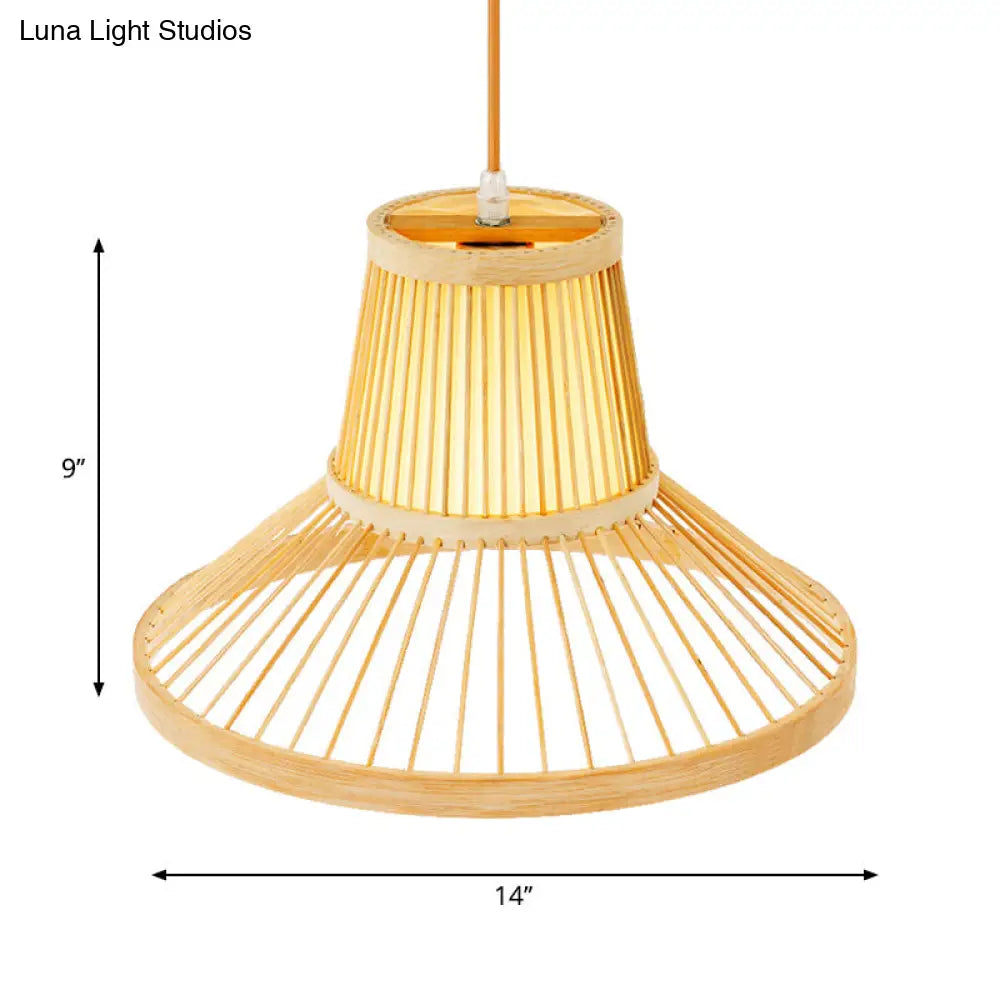 Classic Wood Hat Pendant Hanging Lamp With Bamboo Shade - 1 Bulb Light Fixture