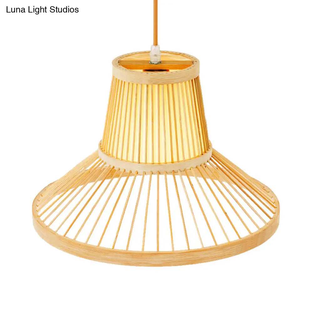 Classic Wood Hat Pendant Hanging Lamp With Bamboo Shade - 1 Bulb Light Fixture