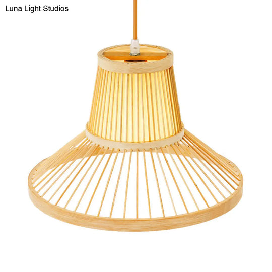 Classic Wood Hat Pendant Hanging Lamp With Bamboo Shade - 1 Bulb Light Fixture