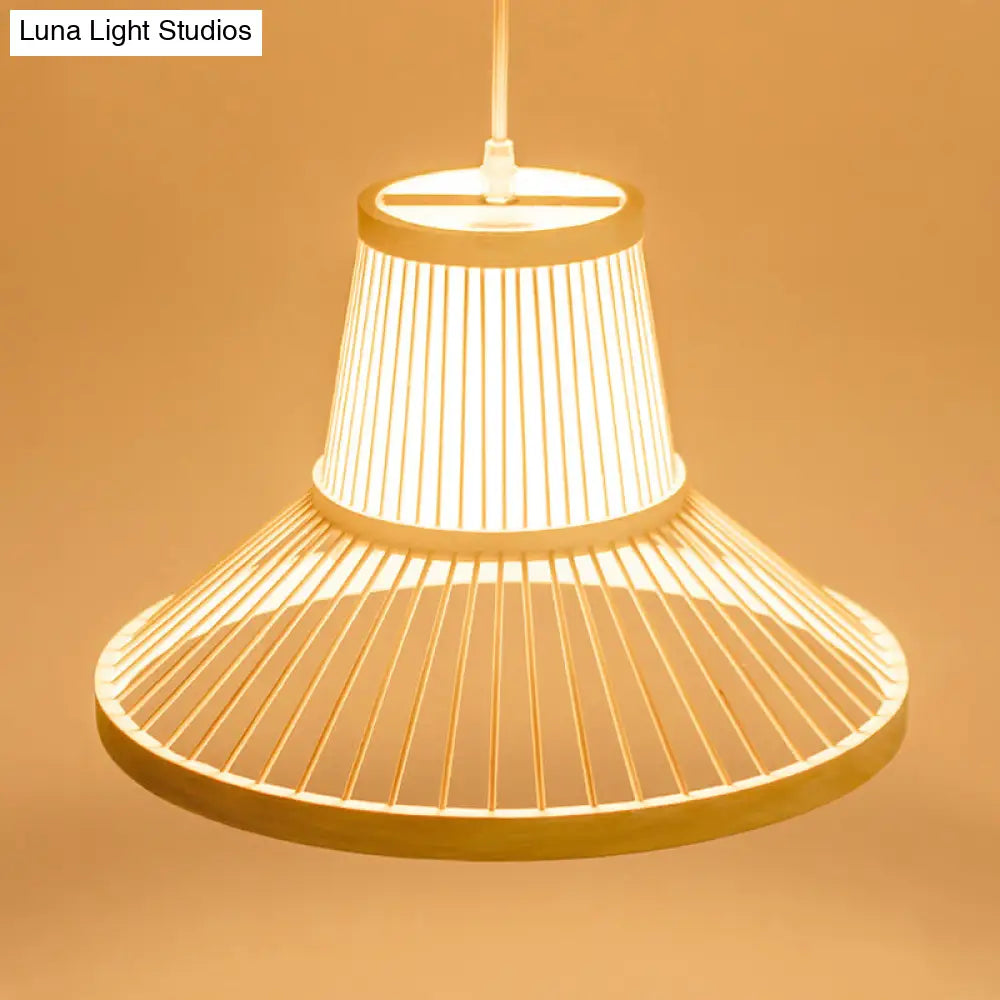 Classic Wood Hat Pendant Hanging Lamp With Bamboo Shade - 1 Bulb Light Fixture