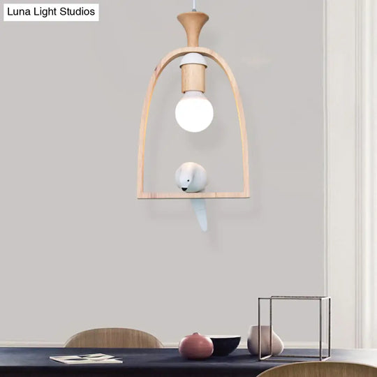 Wooden Pendant Light With Open Bulb Style And White Pigeon Design - 1 Head Hanging Lamp For