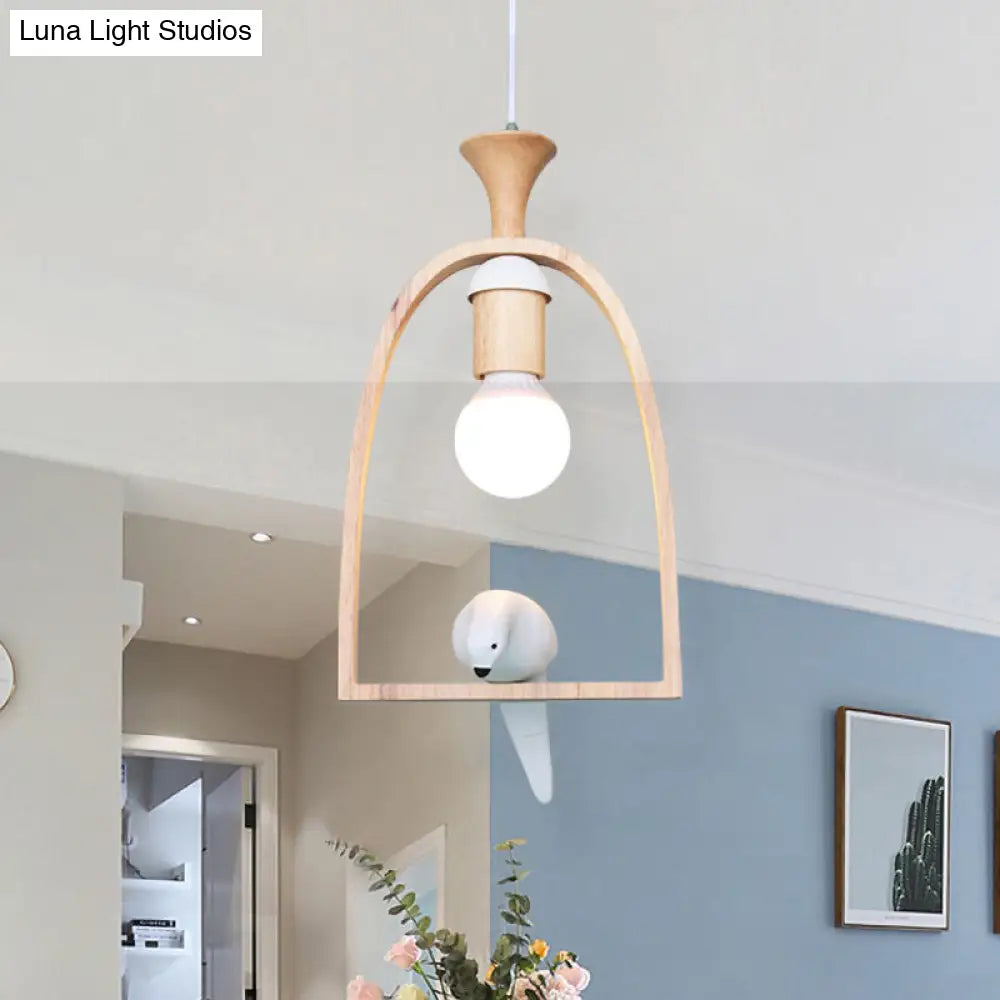 Wooden Pendant Light With Open Bulb Style And White Pigeon Design - 1 Head Hanging Lamp For