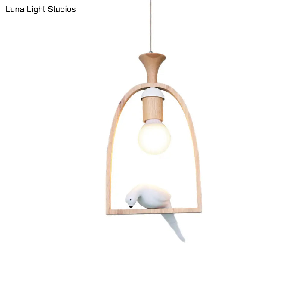 Wooden Pendant Light With Open Bulb Style And White Pigeon Design - 1 Head Hanging Lamp For