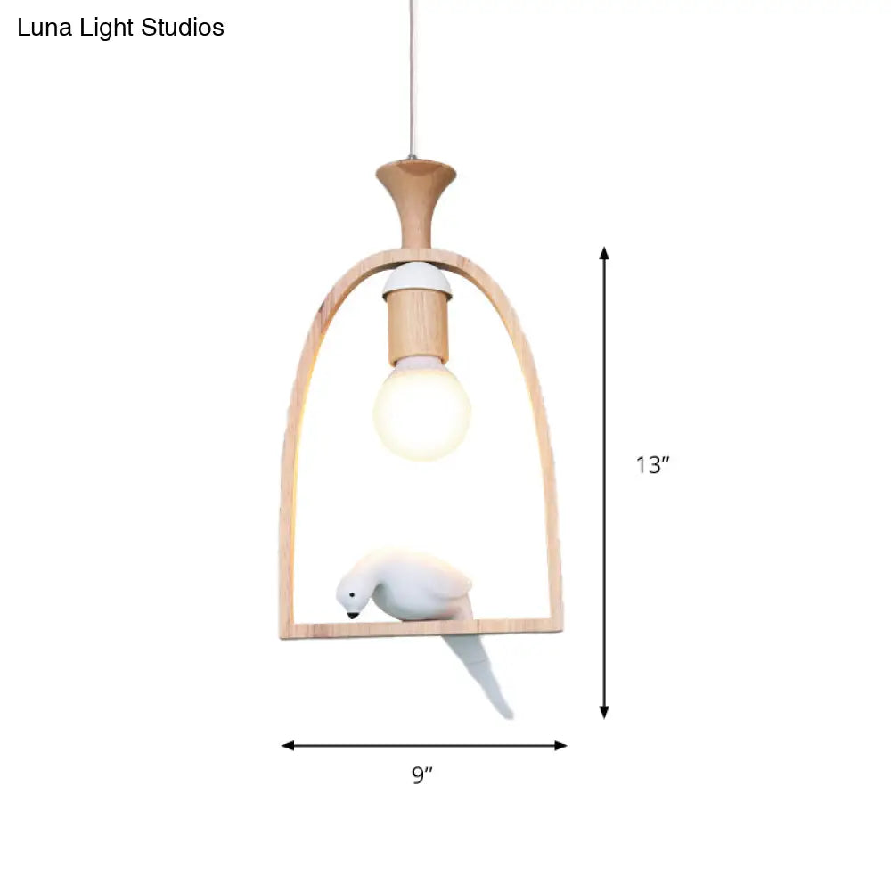 Wooden Pendant Light With Open Bulb Style And White Pigeon Design - 1 Head Hanging Lamp For