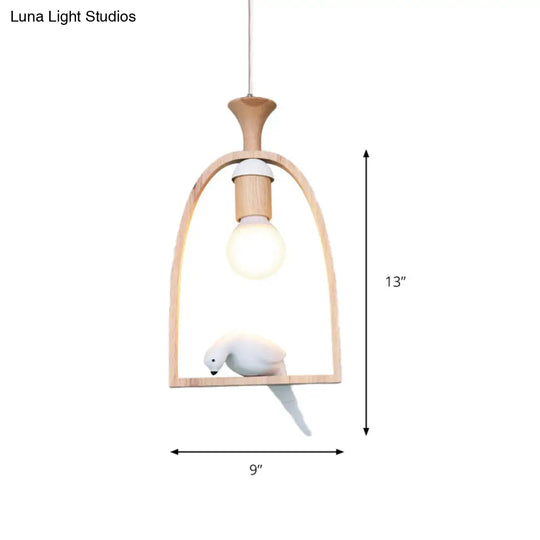 Wooden Pendant Light With Open Bulb Style And White Pigeon Design - 1 Head Hanging Lamp For