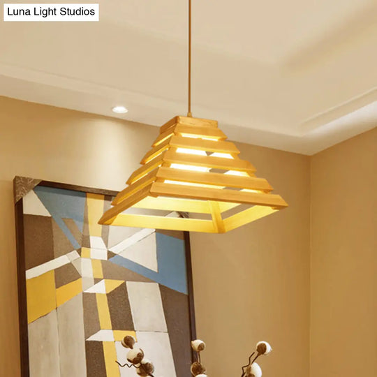 Wooden Pyramid Suspension Light With Cage Design - Asian Style Pendant Lighting For Dining Table