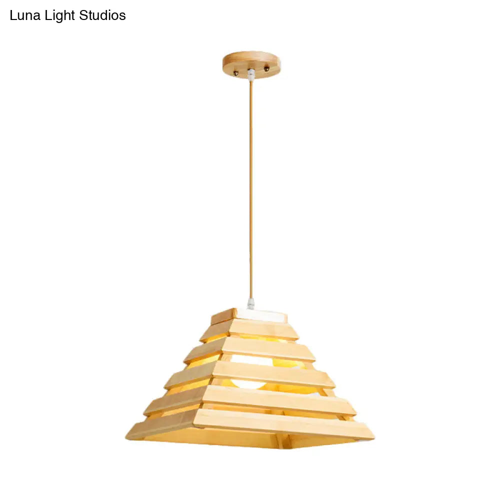 Wooden Pyramid Suspension Light With Cage Design - Asian Style Pendant Lighting For Dining Table