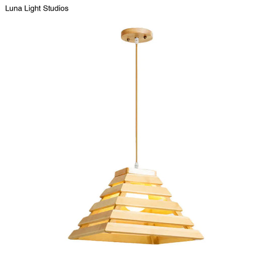 Wooden Pyramid Suspension Light With Cage Design - Asian Style Pendant Lighting For Dining Table