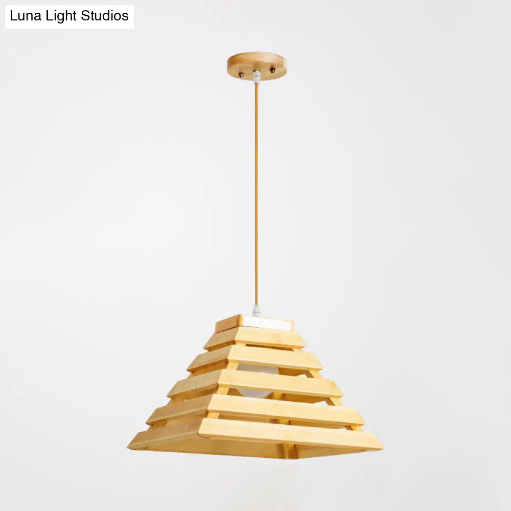 Wooden Pyramid Suspension Light With Cage Design - Asian Style Pendant Lighting For Dining Table