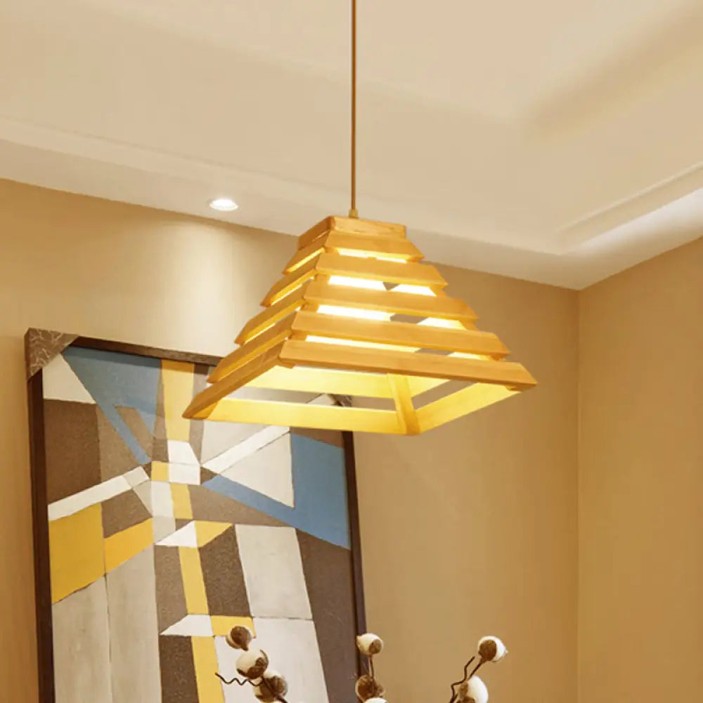 Wooden Pyramid Suspension Light With Cage Design - Asian Style Pendant Lighting For Dining Table