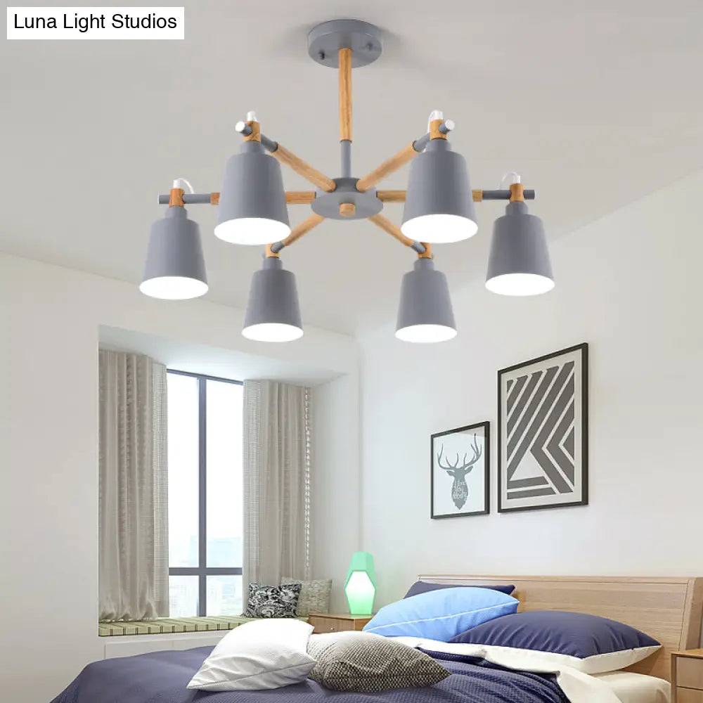 Wooden Radial Pendant Macaron Chandelier With Tapered Metal Shade - Stylish Lighting For Living Room