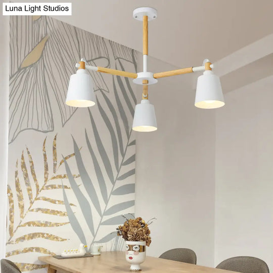 Wooden Radial Pendant Macaron Chandelier With Tapered Metal Shade - Stylish Lighting For Living Room