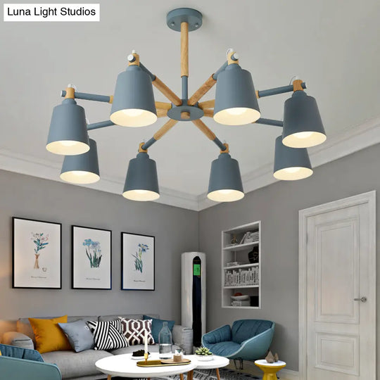 Wooden Radial Pendant Macaron Chandelier With Tapered Metal Shade - Stylish Lighting For Living Room