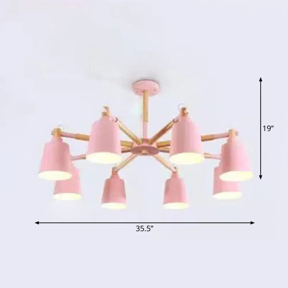 Wooden Radial Pendant Macaron Chandelier With Tapered Metal Shade - Stylish Lighting For Living Room