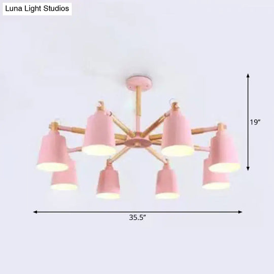 Wooden Radial Pendant Macaron Chandelier With Tapered Metal Shade - Stylish Lighting For Living Room