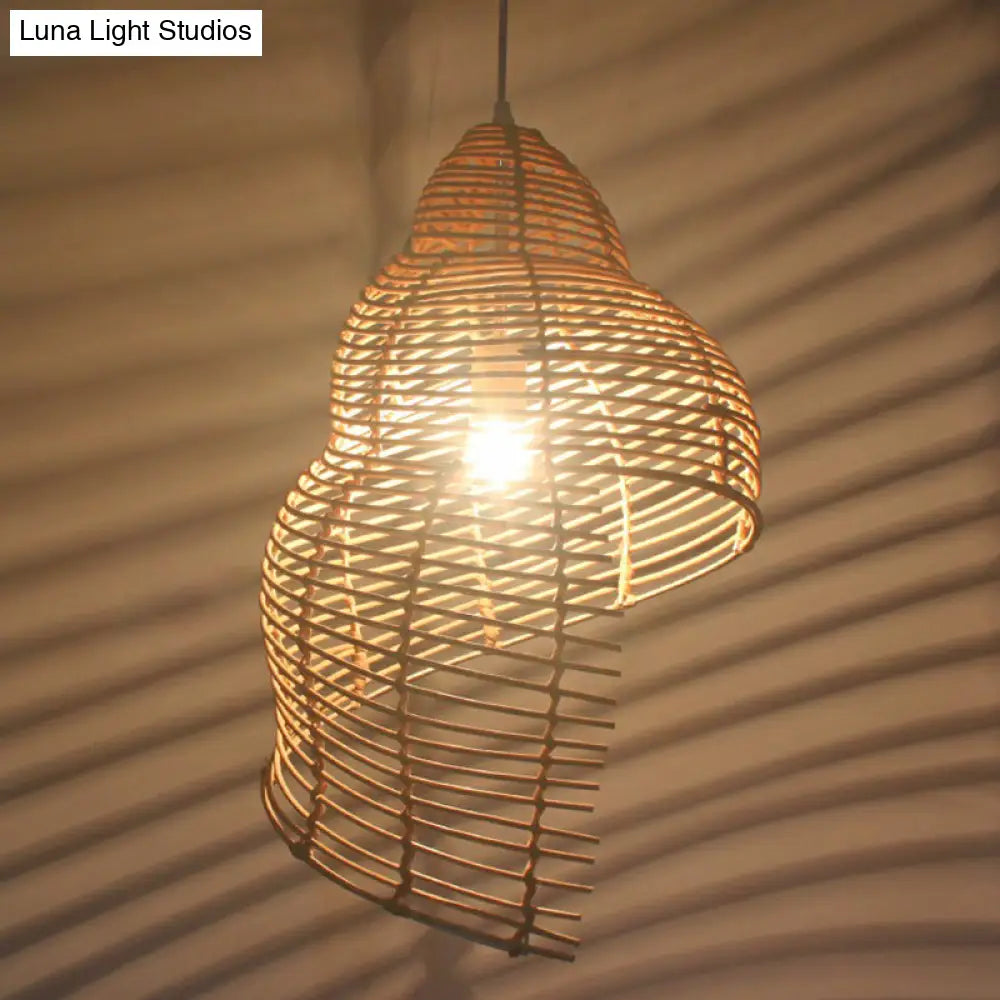 Wooden Rattan Asian Ceiling Pendant Light - Spiral Shell Design For Dining Room