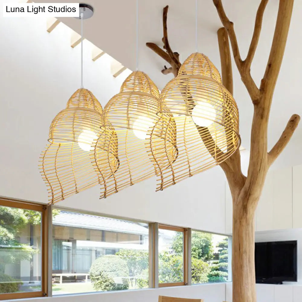 Wooden Rattan Asian Ceiling Pendant Light - Spiral Shell Design For Dining Room