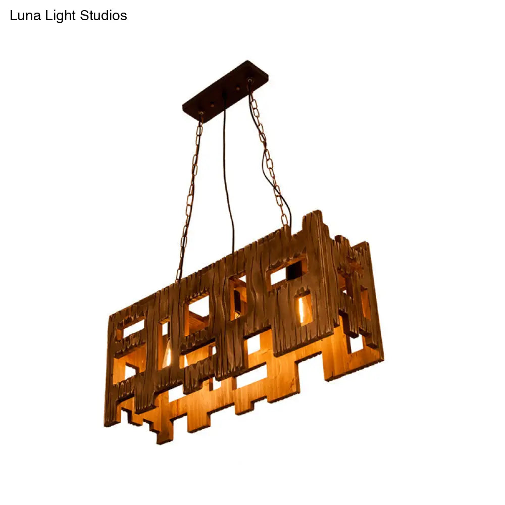 Wooden Rectangle Restaurant Island Chandelier Pendant With Hollow Out Design - Brown 2/3 Bulbs