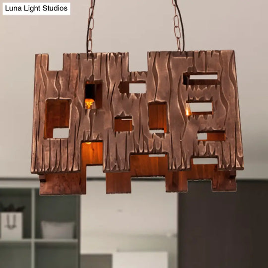 Wooden Rectangle Restaurant Island Chandelier Pendant With Hollow Out Design - Brown 2/3 Bulbs