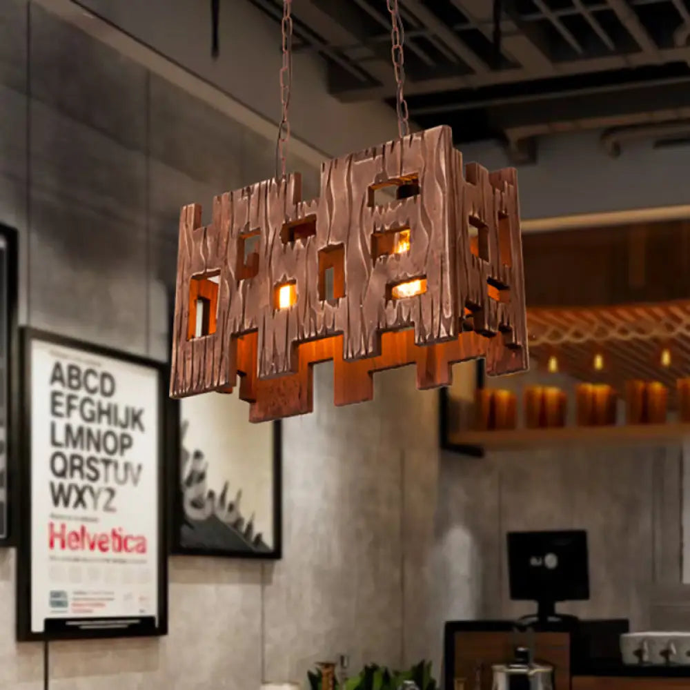 Wooden Rectangle Restaurant Island Chandelier Pendant With Hollow Out Design - Brown 2/3 Bulbs