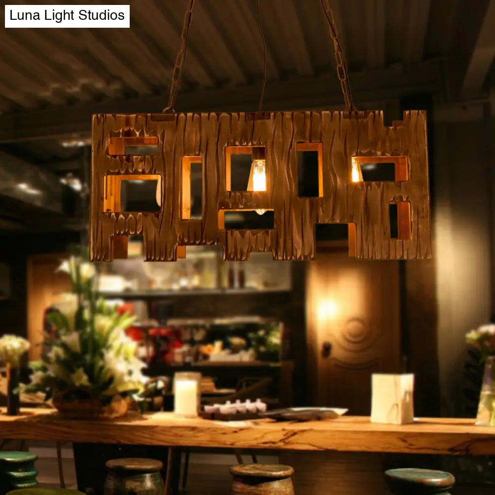 Wooden Rectangle Restaurant Island Chandelier Pendant With Hollow Out Design - Brown 2/3 Bulbs