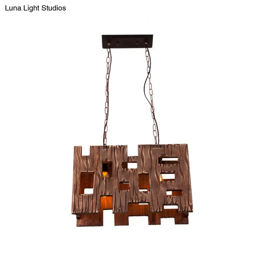 Wooden Rectangle Restaurant Island Chandelier Pendant With Hollow Out Design - Brown 2/3 Bulbs