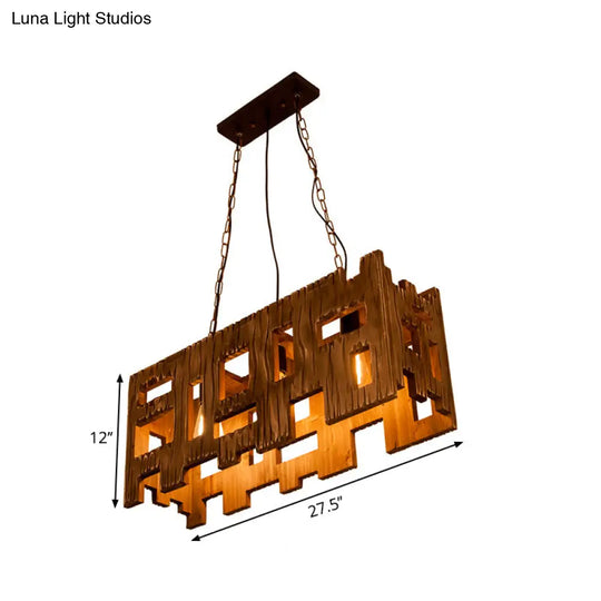 Wooden Rectangle Restaurant Island Chandelier Pendant With Hollow Out Design - Brown 2/3 Bulbs