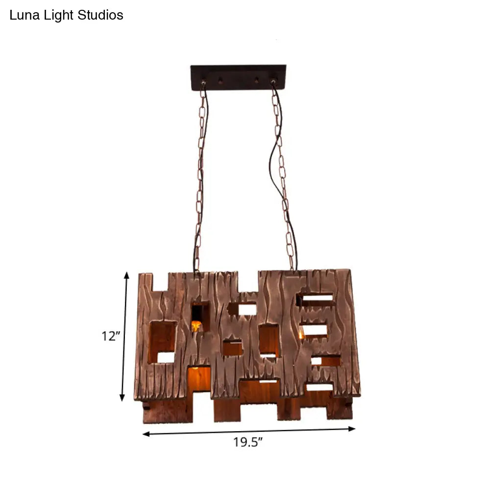 Wooden Rectangle Restaurant Island Chandelier Pendant With Hollow Out Design - Brown 2/3 Bulbs