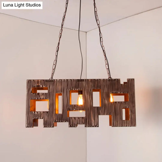 Wooden Rectangle Restaurant Island Chandelier Pendant With Hollow Out Design - Brown 2/3 Bulbs