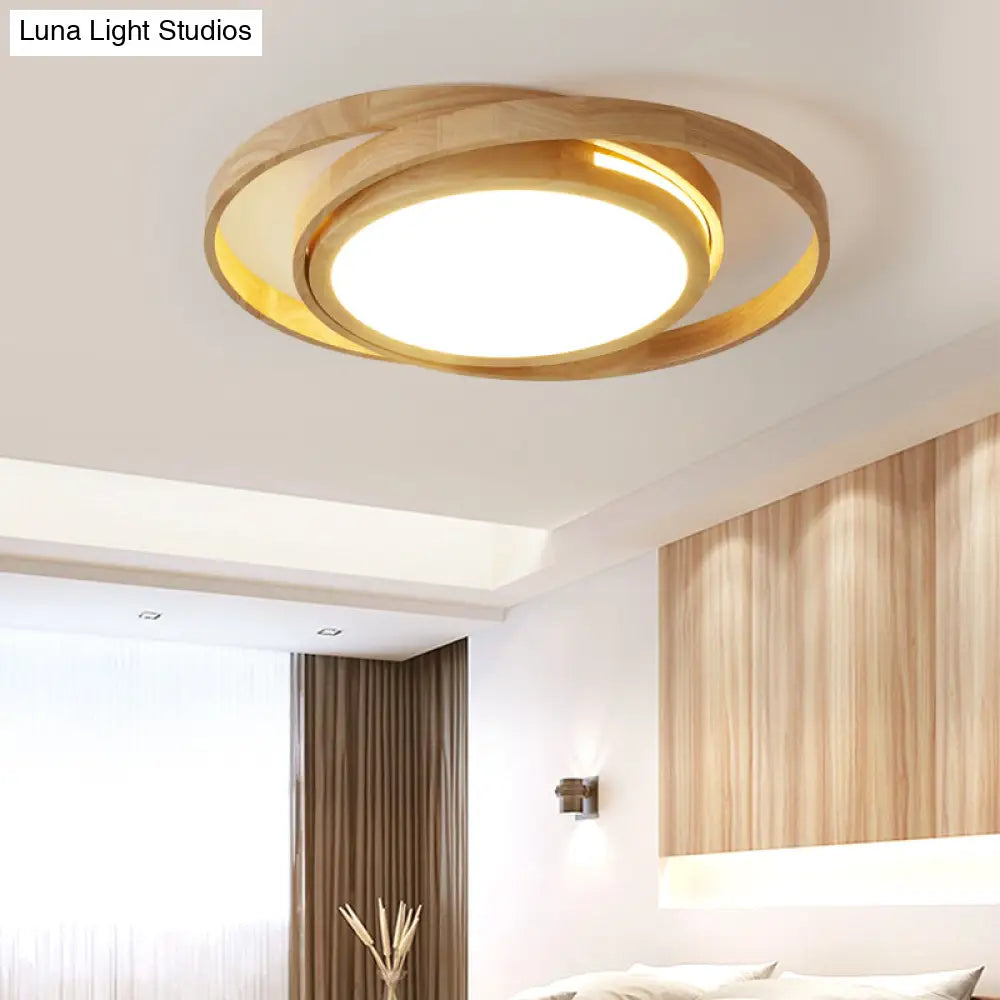 Wooden Ring Led Flush Mount Light - Nordic Style Beige Ceiling Lamp For Bedroom