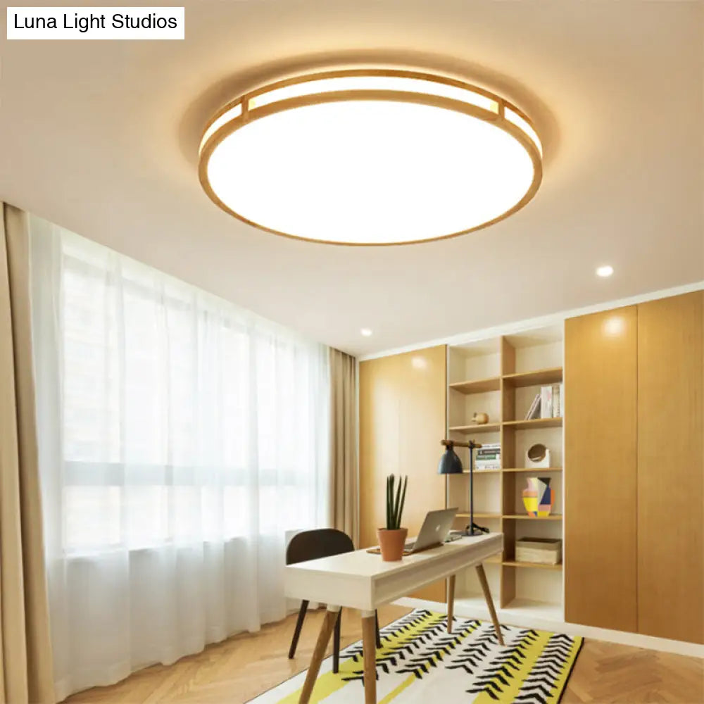 Wooden Round Flush Ceiling Lamp: 16/19.5 Wide Acrylic Simple Style Light For Dining Room Wood / 16
