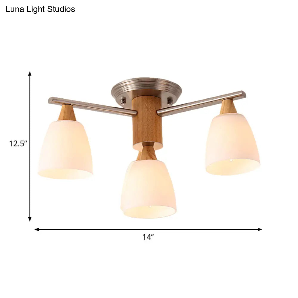 Wooden Semi Flush Mount Light With Modern White Glass Shade & 4 Tapered Lights