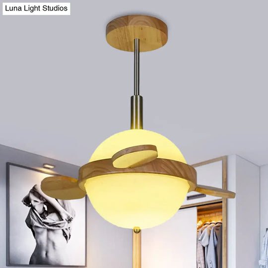 Wooden Semi Flush Mount Milk Glass Globe Light - Nordic Design Ideal For Balcony 15W