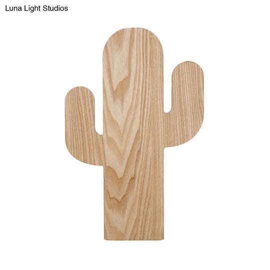 Wooden Shade Led Sconce Light For Bedroom - Wall Mounted In Beige Car/Pineapple/Cactus Designs