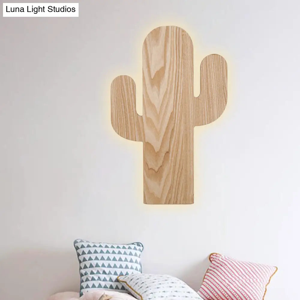 Wooden Shade Led Sconce Light For Bedroom - Wall Mounted In Beige Car/Pineapple/Cactus Designs