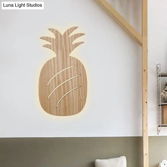 Wooden Shade Led Sconce Light For Bedroom - Wall Mounted In Beige Car/Pineapple/Cactus Designs