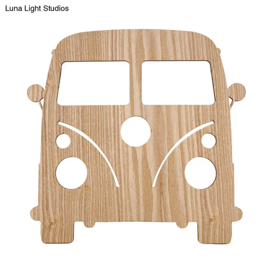 Wooden Shade Led Sconce Light For Bedroom - Wall Mounted In Beige Car/Pineapple/Cactus Designs