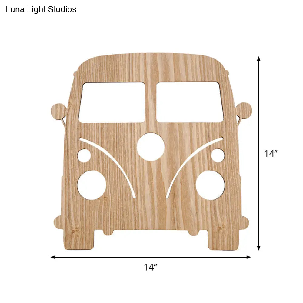 Wooden Shade Led Sconce Light For Bedroom - Wall Mounted In Beige Car/Pineapple/Cactus Designs