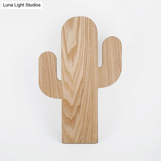 Wooden Shade Led Sconce Light For Bedroom - Wall Mounted In Beige Car/Pineapple/Cactus Designs