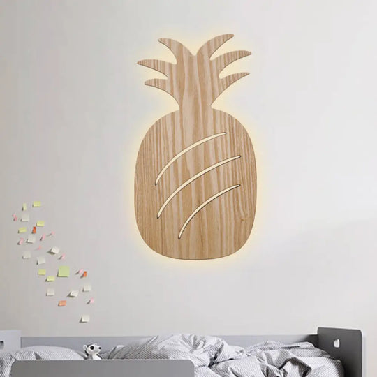 Wooden Shade Led Sconce Light For Bedroom - Wall Mounted In Beige Car/Pineapple/Cactus Designs Wood