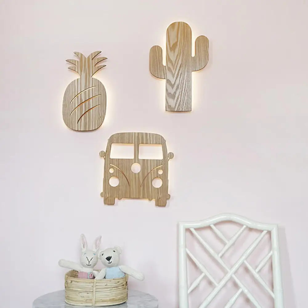 Wooden Shade Led Sconce Light For Bedroom - Wall Mounted In Beige Car/Pineapple/Cactus Designs Wood