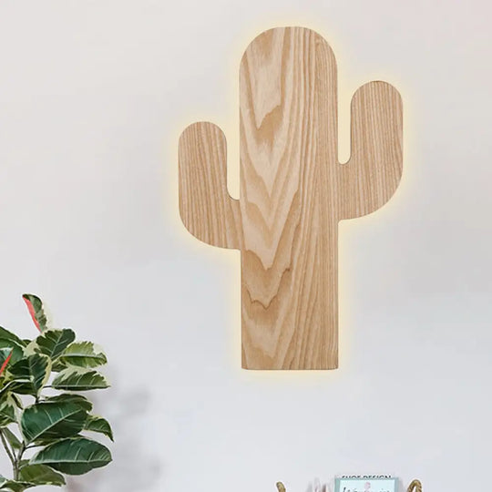 Wooden Shade Led Sconce Light For Bedroom - Wall Mounted In Beige Car/Pineapple/Cactus Designs Wood