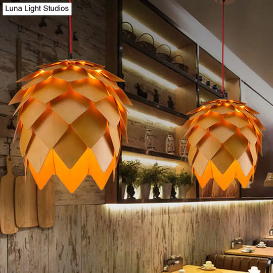 Wooden Shade Pendant Light With Unique Beige Pipecone Design And 1 Bulb