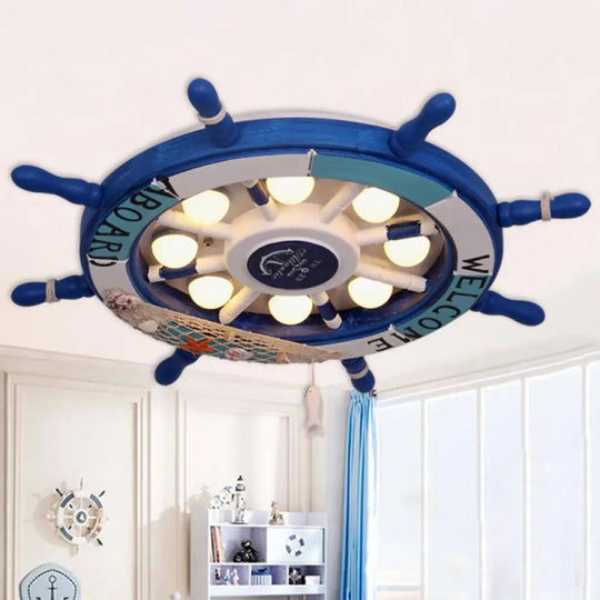 Wooden Ship Rudder Ceiling Lamp - 8 - Bulb Led Semi Flush Mount Light (White/Pink/Blue Options)